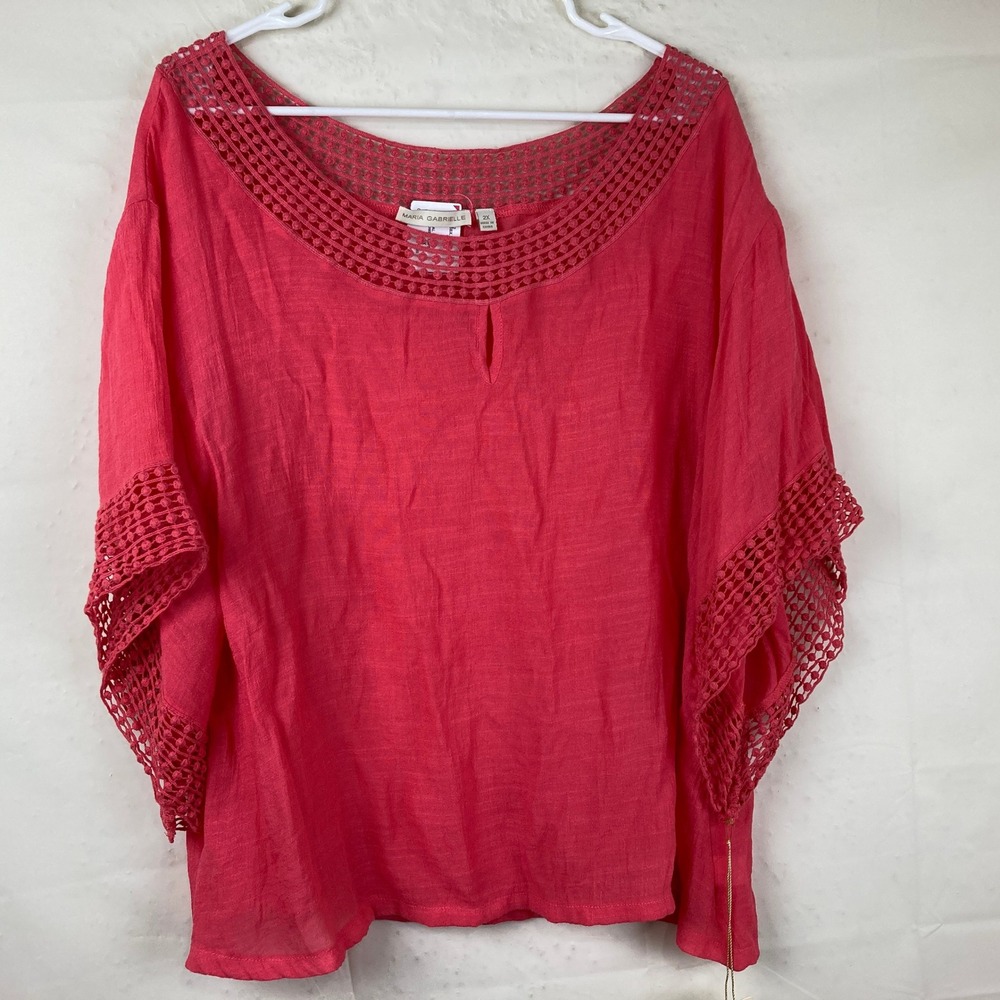 NEW Maria Gabrielle Blouse Women 2X Coral‎ Crochet Lace Keyhole Boho Top Coastal - Picture 2 of 9